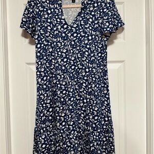 Floral V-Neck Mini Dress - Blue and White